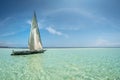 Landscape with traditional sail boat on tropical sea beach isolated in Diani Beach, Watamu, Zanzibar Maldives Caribbean sea