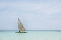 Landscape with traditional sail boat on tropical sea beach isolated in Diani Beach, Watamu, Zanzibar Maldives Caribbean sea