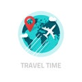 Travelling around world by plane vector, travel and trip logo