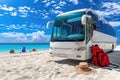 Travelling bus on the beach driving along the road by the sea Royalty Free Stock Photo
