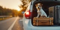 Travelling by car with pets concept. Opened trunk of a car, full of suitcases and a dog sitting inside.