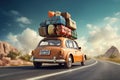 Retro car with luggage on the roof. Car on the road with a lot of suitcases on roof. Family travel on vacation. Royalty Free Stock Photo