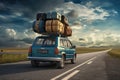 Retro car with luggage on the roof. Car on the road with a lot of suitcases on roof. Family travel on vacation. Royalty Free Stock Photo