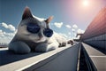 Travelling cat in sunglasses sunbathing on walk way street Royalty Free Stock Photo