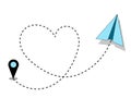 Travelling Concept Love. Airplane paper flying route heart shaped landmark