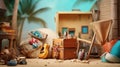 travelling concept, suitcase, beach, sea, palm trees, minivan, dreams, vacation concept, ai generated Royalty Free Stock Photo