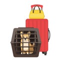 Travelling with dogs. Vector illustration of dog in a pet cage and suitcase on wheels. Royalty Free Stock Photo