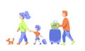 Travelling family with pet and luggage, flat vector illustration. Family leaving to summer vacation.