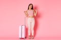 Travelling, holidays and vacation concept. Full-length of good-looking asian girl in summer clothes packed bags to go Royalty Free Stock Photo