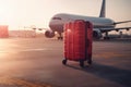 Travelling luggage in the airport with plane ready to depart. Generative AI
