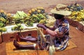 Rural Zulu woman weaving basket at fruit-selling roadside