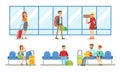 Travelling People in Airport Set, Passengers Waiting for Flight at Terminal Vector Illustration Royalty Free Stock Photo