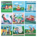 Travelling people vector traveler or tourist character travellng by train or plane and couple with kids on car or