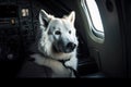 Travelling with pet. Cute long haired dog near window in airplane