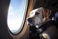 Travelling with pet. Cute long haired dog near window in airplane