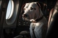 Travelling with pet. Cute long haired dog near window in airplane