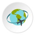 Travelling by plane around the world icon circle