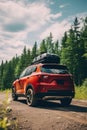 Back view of a car with luggage on the roof. Car on the road with a lot of suitcases on roof. Family travel on vacation. Royalty Free Stock Photo