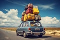 Back view of a retro car with luggage on the roof. Car on the road with a lot of suitcases on roof. Family travel on Royalty Free Stock Photo