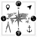 Travelling vector set of dotted map, globes series, compass and location icons Royalty Free Stock Photo