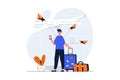 Travelling web concept with character scene. Man with suitcase waiting for flight on vacation in airport. People situation in flat