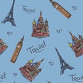 Travels. Vector illustration with images of sights of Moscow, Lo