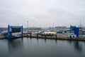 Travemunde, Germany - April 2023. Cargo Sea port Logistics and transportation of Container and cargo car trailers