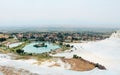 Travertines of Pamukkale and town in Turkey Royalty Free Stock Photo