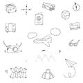 Set of cartoon travel doodle icons, simple vector clip art with hand drawn travel elements Royalty Free Stock Photo