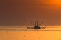 Trawler with dragnet fishing in the Wadden Sea at sunset Royalty Free Stock Photo