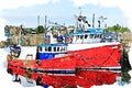 Trawler fishing red boat at Peterhead harbour in Scotland