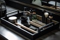a tray with all the necessary tools and products for grooming or beauty treatments