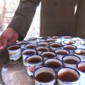 Tray with arabic tea cups. Traditional Bedouin tea. Egypt