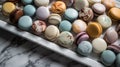 a tray of assorted macarons in pastel colors on a marble background. Generative AI