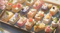 tray of assorted mini pastries and petit fours, captured in an elegant top-down shot manga cartoon style by AI generated