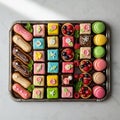 A tray of assorted pastries and desserts arranged on a marble surface. The selection includes Royalty Free Stock Photo