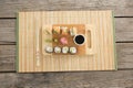Tray of assorted sushi kept on mat Royalty Free Stock Photo