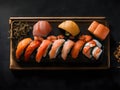 A tray of assorted sushi nigiri