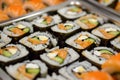 tray of assorted sushi ready for the oven Royalty Free Stock Photo