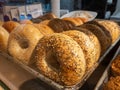 Tray of bagels in a bakery