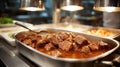 A tray of beef stew in a kitchen setting. Royalty Free Stock Photo