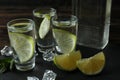 Tray with bottle and shots of vodka, lime and ice on wooden background Royalty Free Stock Photo