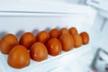 tray brown eggs in refrigerator Royalty Free Stock Photo