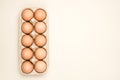 A tray of brown fresh hen`s eggs on beige background Royalty Free Stock Photo