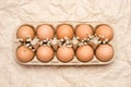 A tray of brown fresh hen`s eggs on wrinkled craft paper. Royalty Free Stock Photo