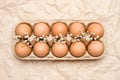 A tray of brown fresh hen`s eggs on wrinkled kraft paper. Eco-friendly egg production