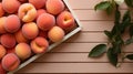 A tray of a bunch of peaches sitting on top of some wood, AI Royalty Free Stock Photo