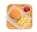 Tray with burger, French fries and sauce on white background, top view