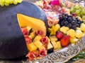 Tray with cheese, olives, grapes, ham and cold cuts for events Royalty Free Stock Photo