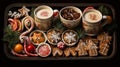 ÃÂ tray with Christmas snacks: gingerbread, candies, cocoa in cups, Christmas tree branches. Christmas gingerbread cookies.